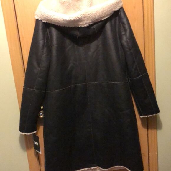 DKNY faux fur long lined zip up hooded jacket size large NWT - Picture 9 of 12